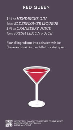 the red queen cocktail recipe is shown in this graphic style, with instructions for how to make