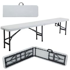 the folding table is white and has two separate dividers for each side, which are also black