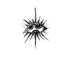 an all seeing eye with spikes in the middle and black ink splatters around it