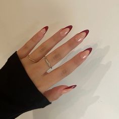 Wine Red Tip Nails, Gel X Nails Almond Red, Wine Red French Tip Nails Almond, Wine French Tip Nails Almond, Red Wine Nails Acrylic With Design, Cherry Red Tip Nails, Red Wine Nails French Tip, Almond Nails Wine Red, Wine Nails French Tip