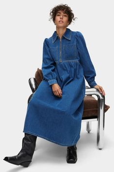 ALIGNE Denim Long Sleeve Midi Dress | Gabriella Zip Shirt, Denim Midi Dress, Causal Outfits, Conscious Fashion, Sleeve Midi Dress, Mid Dresses, Long Sleeve Midi, Clothing Labels, Long Sleeve Midi Dress