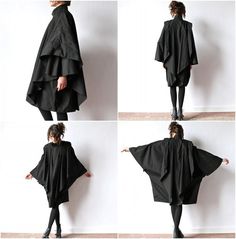 "Black Inverness Cape Coat, Avant Garde Minimalist 80s convertible rain jacket hipster New Wave batwing goth overcoat cloak poncho" Can't quite explain it, but I like this Poncho Concept Art, Outfits With Ponchos, Goth Poncho, Black Poncho Outfit, 80s Convertible, Inverness Cape, Convertible Clothing, Strega Fashion