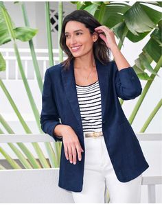 Longline Linen Blazer Navy Linen Blazer Outfit Women, Blue Linen Blazer Outfit Women, Blue Linen Blazer For Business, Blue Linen Summer Blazer, Blue Linen Blazer For Semi-formal Occasions, Navy Linen Blazer, Women Interview Outfits, Linen Jacket Outfit, Navy Blazer Outfit Women