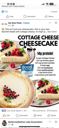 an advertisement for cheesecakes with berries on top and blueberries on the bottom