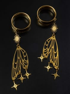 Gold Starry Butterfly Winged Internally Threaded Steel Tunnels