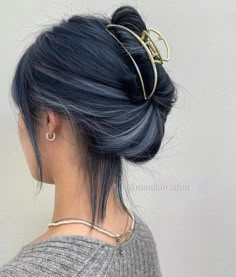 Blue Jeans Hair Color, Grey Blue Peekaboo Hair, Ashy Blue Hair Balayage, Dark Denim Blue Hair, Blue Highlighted Hair, Dark Blue Hair Light Blue Highlights, Dark Ashy Blue Hair, Ash Blue Highlights, Dark Blue Grey Hair