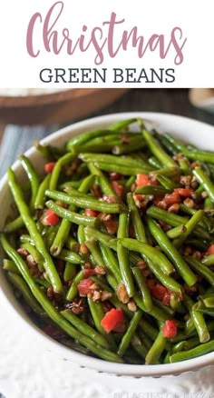 green beans in a white bowl with bacon on top and text overlay that reads christmas green beans