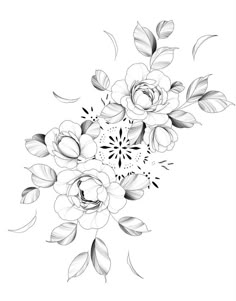 a black and white drawing of flowers with leaves on the bottom half of each flower