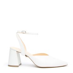 white high heeled shoes with ankle strap and block heels on the bottom, side view