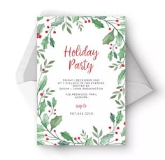 a holiday party card with holly leaves and red berries on the front, in watercolor