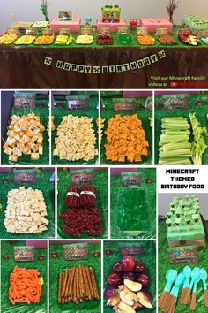 an assortment of food items displayed on a green tablecloth with the words happy birthday