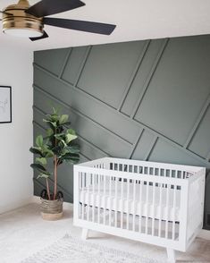 a baby's room with a white crib next to a potted plant