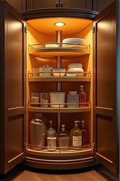 Corner cabinet with lazy Susan and tiered shelves Upper Kitchen Cabinet Ideas, Organizing Small Kitchen, Petite Kitchen, Tiered Shelves, Clear Storage Bins, Corner Cabinets, Ideas For Organizing, Small Kitchen Cabinets, Upper Kitchen Cabinets