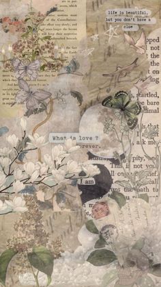 an altered collage with flowers and butterflies on it's side, including the words what is love?