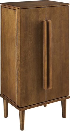 a wooden cabinet with two doors on the front and one door open to reveal something