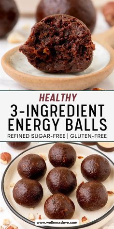 three ingredient energy balls on a plate with text overlay