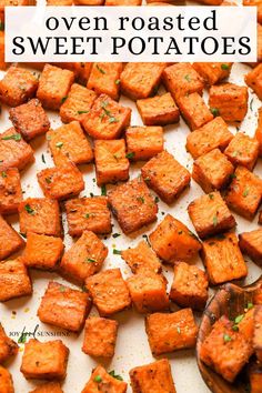 roasted sweet potatoes on a baking sheet with text overlay