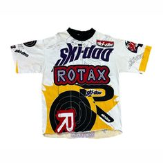 "Ski Doo Large Rotax T Shirt All Over Print Mock Neck Streetwear Made USA Vtg 90s. Excellent condition, approx. measurements lying flat, pit to pit 21\", back of neck to hem 26\", shoulder to shoulder 21\"." 90s Graphic Print Sports Top, Retro Sports Tops With Graphic Design, 90s Style White Tops With Vintage Print, Sports Tshirt, Sports Tshirt Designs, Random Clothes, Brand Ideas, Ski Doo, Shopping Clothes