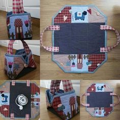 four pictures of the same bag with different patterns on it, and each one has its own patchwork design