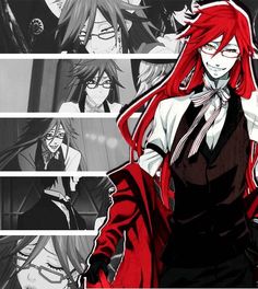 an anime character with long red hair and black clothes, standing in front of a group of other characters