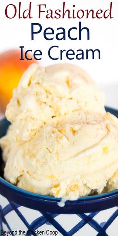 old fashioned peach ice cream in a blue bowl