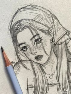 a pencil drawing of a girl with long hair