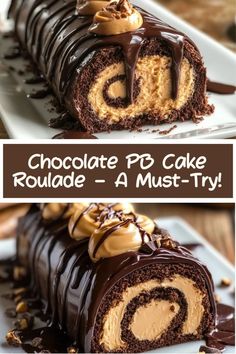 chocolate cake roll with peanut butter frosting and drizzled in the middle