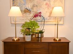 two lamps are on top of a dresser with plants in vases next to it