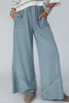 $8.85 Dusk Blue Lace Crochet Patched Lace-up High Waist Wide Leg Pants Wholesale Dusk Blue, Lace Crochet, Romper With Skirt, Blue Lace