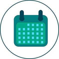 a blue and green calendar icon in a circle on a white background with black dots