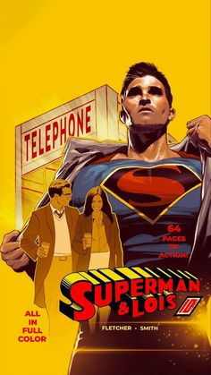 the poster for superman's upcoming film is shown in yellow and red colors, with an image of two men standing next to each other man