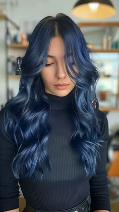 25 Gorgeous Hair Color Ideas to Try This Winter | Lookosm Midnight Hair Color, Dark Navy Blue Hair, Denim Hair Color, Midnight Blue Hair Color, Raven Hair Color, Fashion Hair Color Ideas, Dramatic Hair Color, Blue Hair Ideas, Cute Hair Color