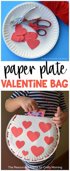 the paper plate valentine bag is made with red hearts on it, and scissors are used to