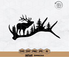 the svg deer is standing on a tree branch with pine trees in the background