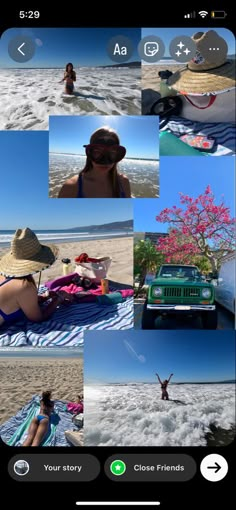 multiple pictures of people on the beach and in the water, with one person laying down