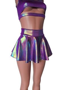 "Please measure yourself to make sure you choose the correct length for your needs Sparkling Iridescent Magenta Holographic spandex skater skirt 12\" shown on mannequin. High waist skirt can be worn lower or higher most skirts allow you to place the waistline where it suits you on your particular body shape and personal desire! this fun flirty skirt is a full circle design and can be ordered in lengths of 10 inch, 12 inch,13\", 15 inch and 19 inch- if you need a longer length contact me for a qu Bubble Costume, Holographic Blue, Skater Skirts, High Waist Skirt, Denim And Lace, Rave Wear, Cute Skirts, Rave Outfits, Full Circle