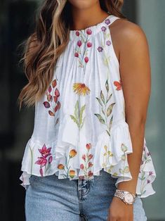 Split Sleeve Top, Sleeveless Tops Summer, Blouse Models, Summer Blouses, Casual Tank Tops, Outfit Casual, Sleeveless Tank Top, Look Chic, Summer Tops