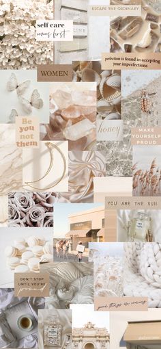 a collage of different types of white and beige items with words that read self care for women