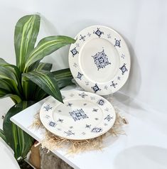 two plates sitting on top of a table next to a potted plant