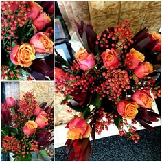 four different pictures of flowers in vases with red berries and orange roses on them