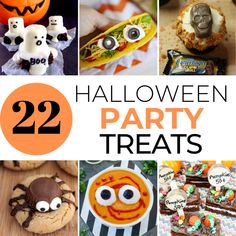 halloween party treats with the words 22 halloween party treats on it and images of desserts