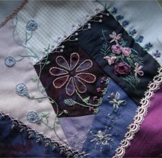 several different colored pieces of fabric with flowers on them and lace trim around the edges