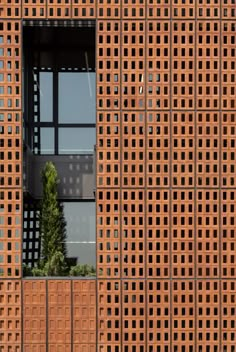 the window is made out of bricks and has a small tree in it's center