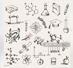 hand drawn doodles on the subject of science and education, including symbols such as beakles, flasks, test tubes, books, etc