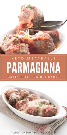 keto meatballs with parmesan cheese and tomato sauce in a serving dish