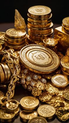 a pile of gold coins sitting on top of a table