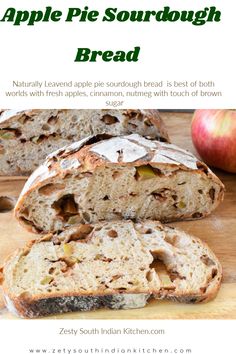 an apple pie sourdough bread is cut in half