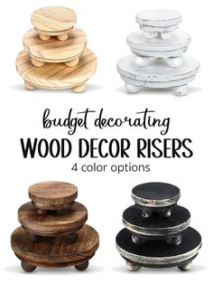 four different types of wood discs with the words budget decor on top and below them