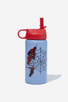 a water bottle with a spiderman on it