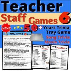 Teacher Staff Icebreakers Games 6 Resource Meetings Group ResourceALL NEW Teacher Staff Faculty Games, Tray Game, 50 years Trivia, Song Trivia, TV and Movie TriviaIncludes: 6 Different Teacher & Staff Activities, ALL NEW1. Trivia 50 years ago Questions ActivityTrivia from 50 yearsTrivia 50 years ago Answer Key2. Tray Game Activity Tray Game DirectionsAnswer KeyPut items on Tray4. This or That Trivia Game Activity5. Song Trivia Questions ActivitySong Trivia Answer Key7. TV & Movie Trivia Staff Ice Breakers Teachers, Games For Teachers Day Celebration, Teacher Appreciation Games, Teacher Games For Staff, Staff Games For Teachers, Faculty Meeting Games, Staff Meeting Games, Staff Party Games, Lock In Ideas